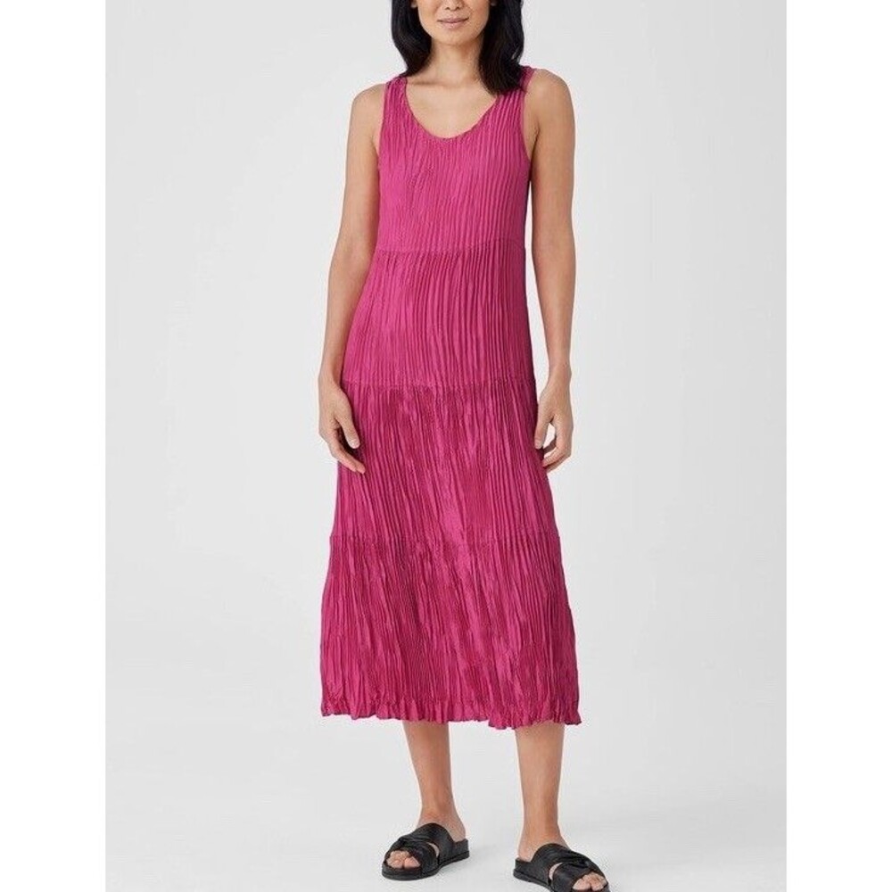 Eileen Fisher Crushed Silk Midi Tiered Dress GERANIUM Pink Sz S Minimalist NWOT